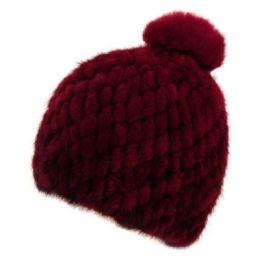 5 Pieces Real Soft Warm Mink Fur Winter Beanie With Pom Pom In Burgandy - Fashion Winter Hats