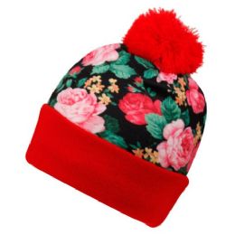 24 Pieces Floral Beanie Hats With Pom Pom - Fashion Winter Hats