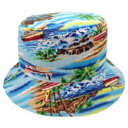 24 Bulk Tropical Print Reversible Bucket Hats In Light Blue