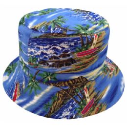 24 Wholesale Tropical Print Reversible Bucket Hats In Blue