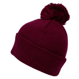 24 Pieces Beanies With Pompom In Burgandy - Fashion Winter Hats