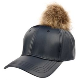 12 Pieces Faux Leather Six Panel Caps With Pompom In Navy - Fashion Winter Hats