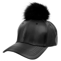12 Wholesale Faux Leather Six Panel Caps With Pompom In Black