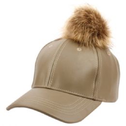 12 Pieces Faux Leather Six Panel Caps With Pompom In Grey - Fashion Winter Hats