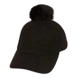 12 Pieces Six Panel Solid Color Wool Blend Cap W/pom Pom In Black - Fashion Winter Hats