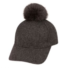12 Pieces Six Panel Solid Color Wool Blend Cap W/pom Pom In Grey - Fashion Winter Hats