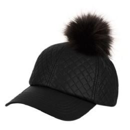 24 Wholesale Faux Leather Six Panel Quilted Cap With Pom Pom In Black