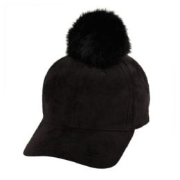 24 Pieces Six Panel Solid Color Suede Cap W/pom Pom In Black - Fashion Winter Hats