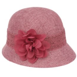 12 Wholesale Linen Cloche Hats With Lace Band And Flower In Plum