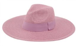 12 Wholesale Big Brim Panama Style Fedora Hats With Band In Lavender
