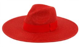 24 Wholesale Big Brim Panama Style Fedora Hats With Band In Red