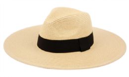 24 Wholesale Big Brim Panama Style Fedora Hats With Band In Natural