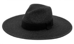 24 Wholesale Big Brim Panama Style Fedora Hats With Band In Black