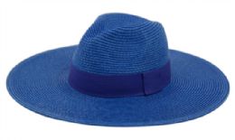 12 Wholesale Big Brim Panama Style Fedora Hats With Band In Royal