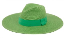 12 Wholesale Big Brim Panama Style Fedora Hats With Band In Lime Green