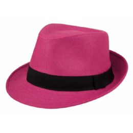 24 Wholesale Paper Straw Fedora Hats In Hot Pink
