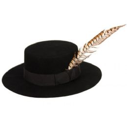 12 Wholesale Flat Top Felt Hats With Grosgrain Band And Feather Trim