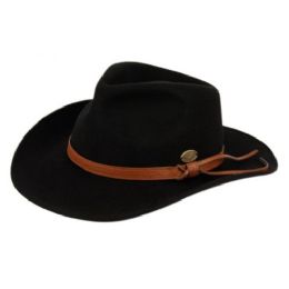 6 Wholesale Wool Felt Outback Fedora Hats With Faux Leather Band In Black