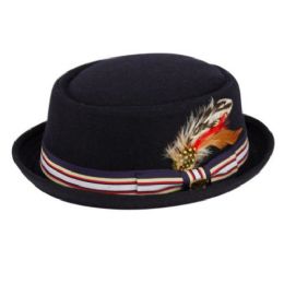 12 Wholesale Round Shape Wool Pork Pie Fedora With Stripe Band And Feather Trim