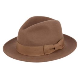 6 Wholesale Milano Felt Fedora Hats With Grosgrain Band In Khaki