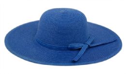 12 Wholesale Braid Straw Floppy Hats With Self Fabric Band In Royal