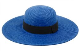 12 Wholesale Braid Straw Floppy Hats With Grosgrain Band In Royal