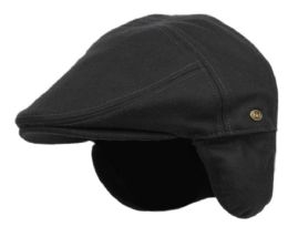 12 Wholesale Melton Wool Flat Ivy Caps With Earmuff In Black