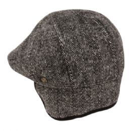 12 Wholesale Herringbone Wool Flat Ivy Caps With Earmuff In Grey