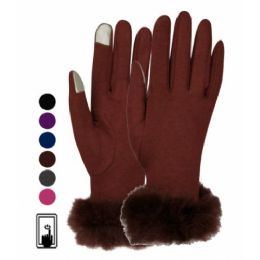 12 Pairs Ladies Jersey Touch Screen Glove With Fur Cuff Assorted Color - Conductive Texting Gloves