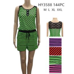 48 Wholesale Womens Fashion Summer Striped Romper With Tied Waste