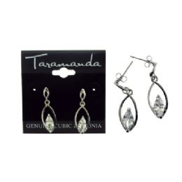 60 Wholesale Silver Tone Cubic Zirconia Dangle Earrings With A Pointed Oval Shaped Stone Within A Larger Pointed Oval