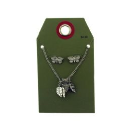 60 Wholesale Silver Tone Leaf And Butterfly Necklace And Earring Set