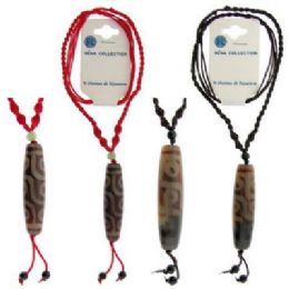 36 Bulk Assorted Color Macrame Cord With Large Bead Pendant With Tribal Markings Necklace