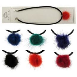 36 Pieces Black Woven Cloth Cord With Assorted Color Dyed Fur Pendant Necklace - Necklace Sets