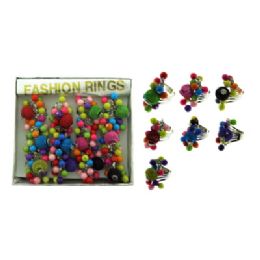 36 Wholesale Box Of Twelve Rings With Multicolored Spherical Beads And One Large Spherical Metal Net Like Charm
