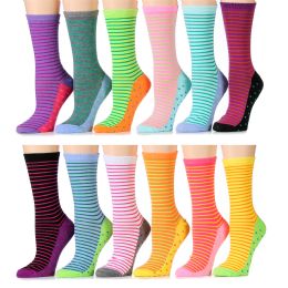 12 Bulk Womens Assorted Colors Stripe Crew Socks Size 9-11 Cotton