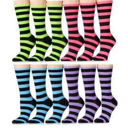 12 Wholesale Ladies Bold Stripe Crew Socks Size 9-11 , Cotton