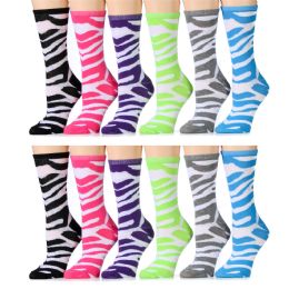 12 Wholesale Ladies Zebra Print Cotton Crew Socks Size 9-11