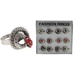 36 Wholesale Silver Tone Adjustable Snake Ring With Rhinestones Accents