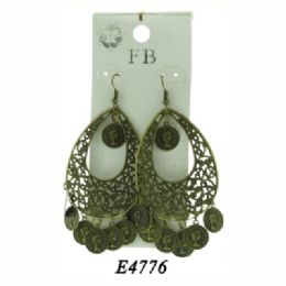 36 Pairs Antique Brass Look French Hook Earring With Ornate Scalloped Embossed Diamond - Earrings