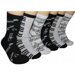 360 Wholesale Women's Black & White Musical Crew Socks