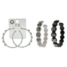 36 Pieces Post Style Hoop Earrings Black And White With Flower Crystal Like Accents - Earrings