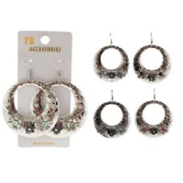 96 Pieces SilveR-Tone French Hook Earring In A Circle Shape With Embossed Flowers - Earrings