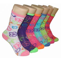480 Wholesale Girls Flowers And Hearts Crew Socks
