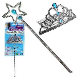 48 Pieces Pretty Princess Blue Tiara And Wand Sets - Girls Toys