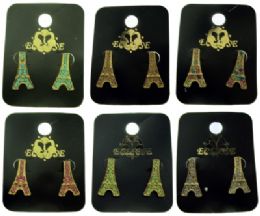 36 Pairs Gold Tone Eiffel Tower Shaped Earrings With Colored Crystal Accents - Earrings