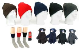 180 Wholesale Adult Knit Cuffed Hat, Men's Fleece Gloves, & Men's Thermal Socks Combo