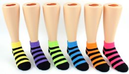 24 Wholesale Girl's Low Cut Novelty Socks - Striped Print - Size 6-8