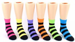 24 Pairs Kid's Novelty Ankle Socks - Neon & Black Stripes - Size 4-6 - Boys Ankle Sock