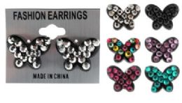 36 Pieces Post Style Butterfly Earrings With Assorted Colored Crystal Accents - Earrings
